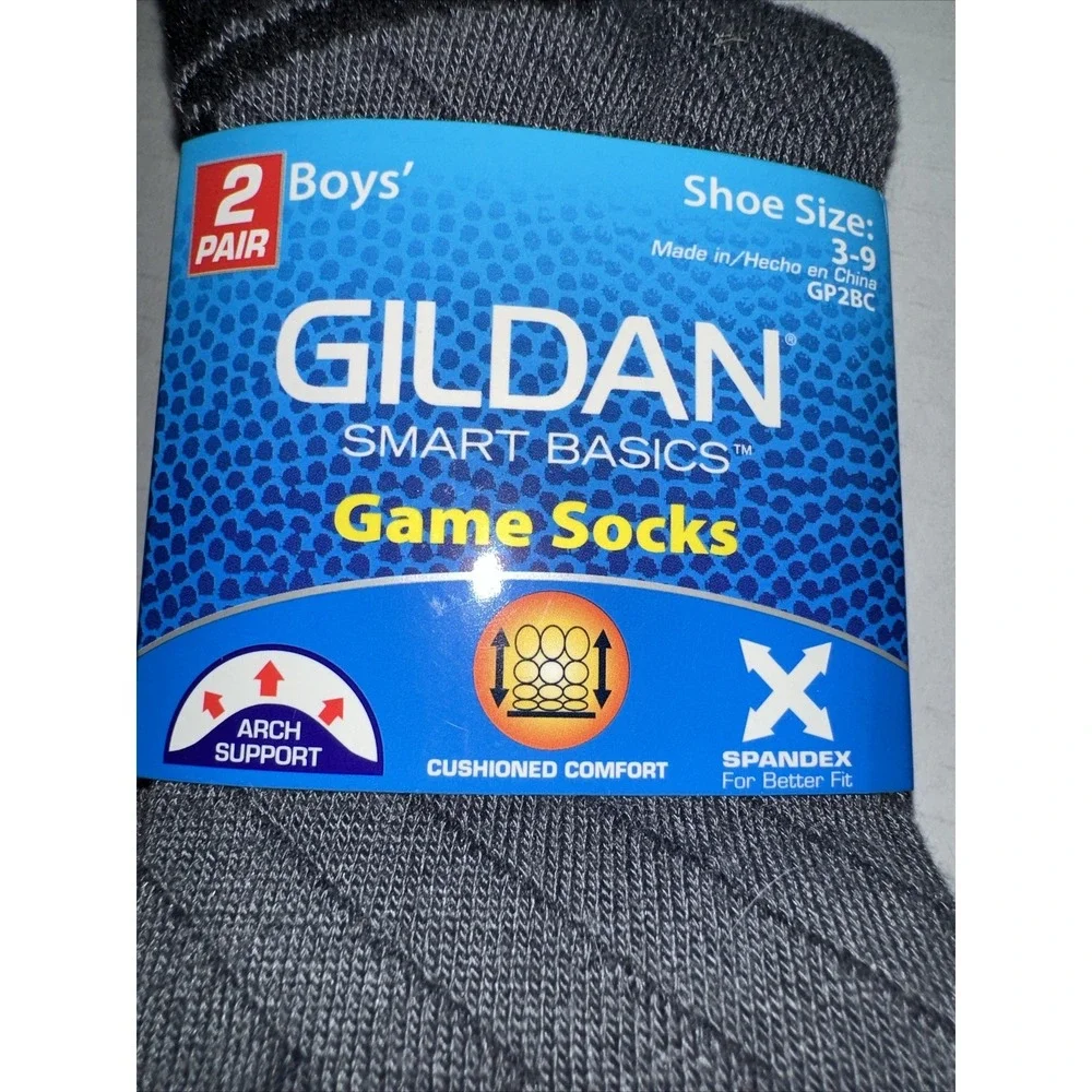 Gildan Boys size 3-9 Game Socks 2 pair No Show Black Gray Arch Support Cushioned